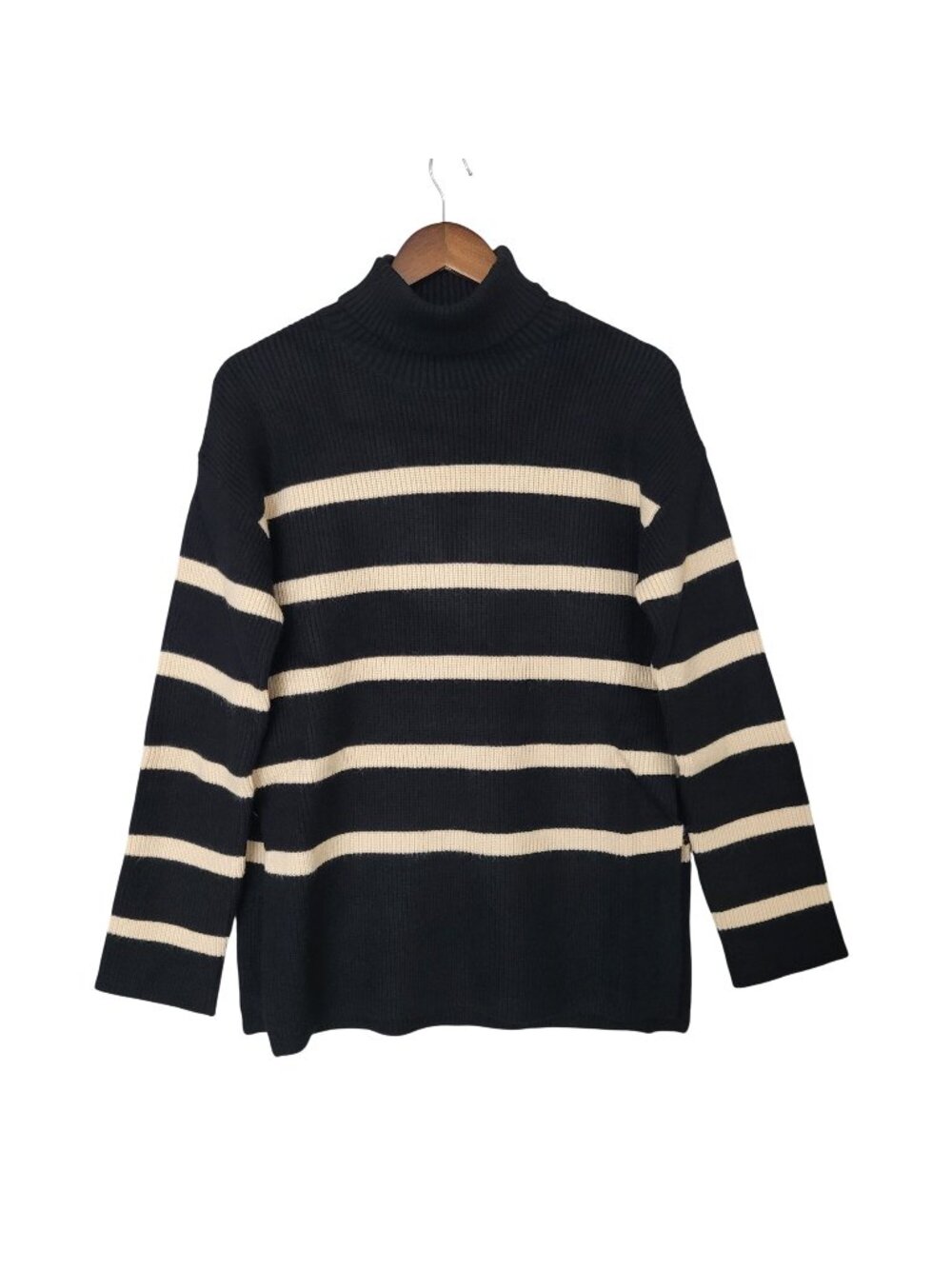 The Drop Camilla Striped Turtleneck Sweater Womens Size S Black Long Sleeve NWT